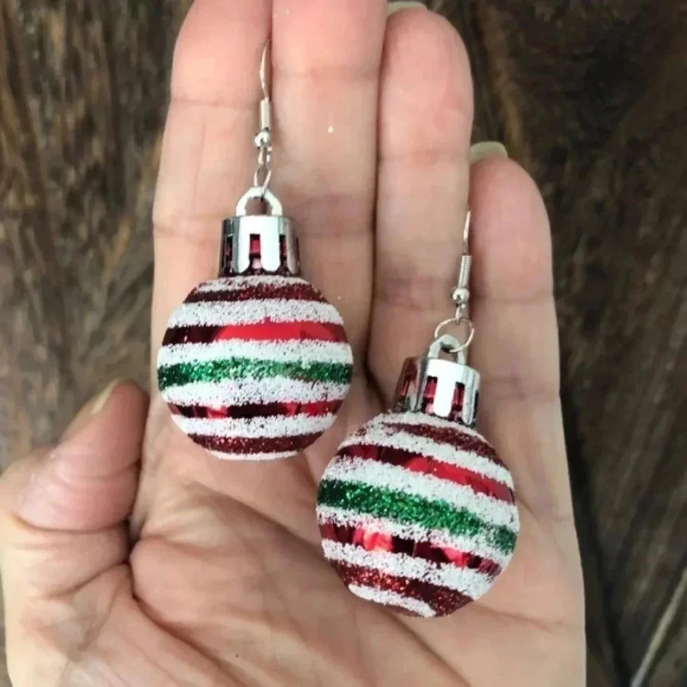 Red Glitter Stripe Big Ball Christmas Tree Ornament Drop Earrings Nwt